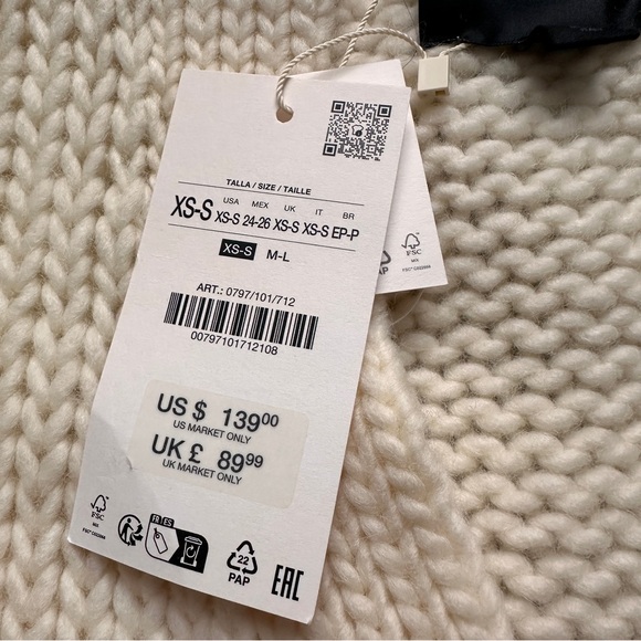 Zara 100% Cream Wool V Neck Jacket Cardigan Oversized Size XS/S NWT - Picture 9 of 9